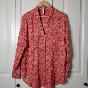 Pilcro by Anthropologie Women's Pink Red Floral Button-Down Tunic Top Size L